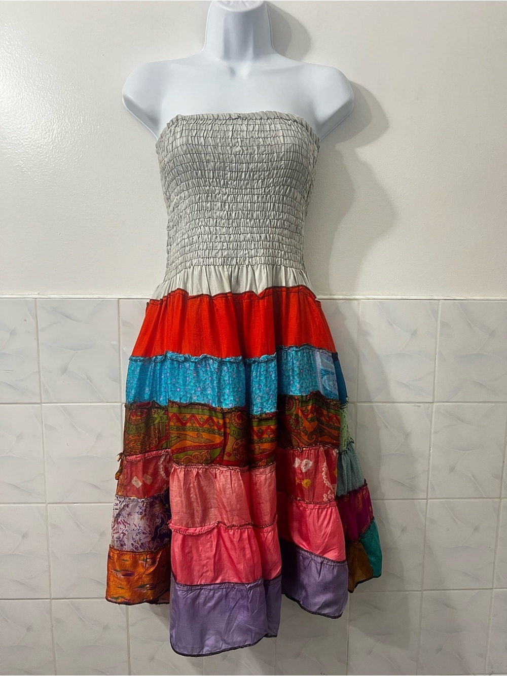 Women’s Strapless Tube Smocked Patchwork 100% Silk Dress Boho Hippie Gypsy S/M